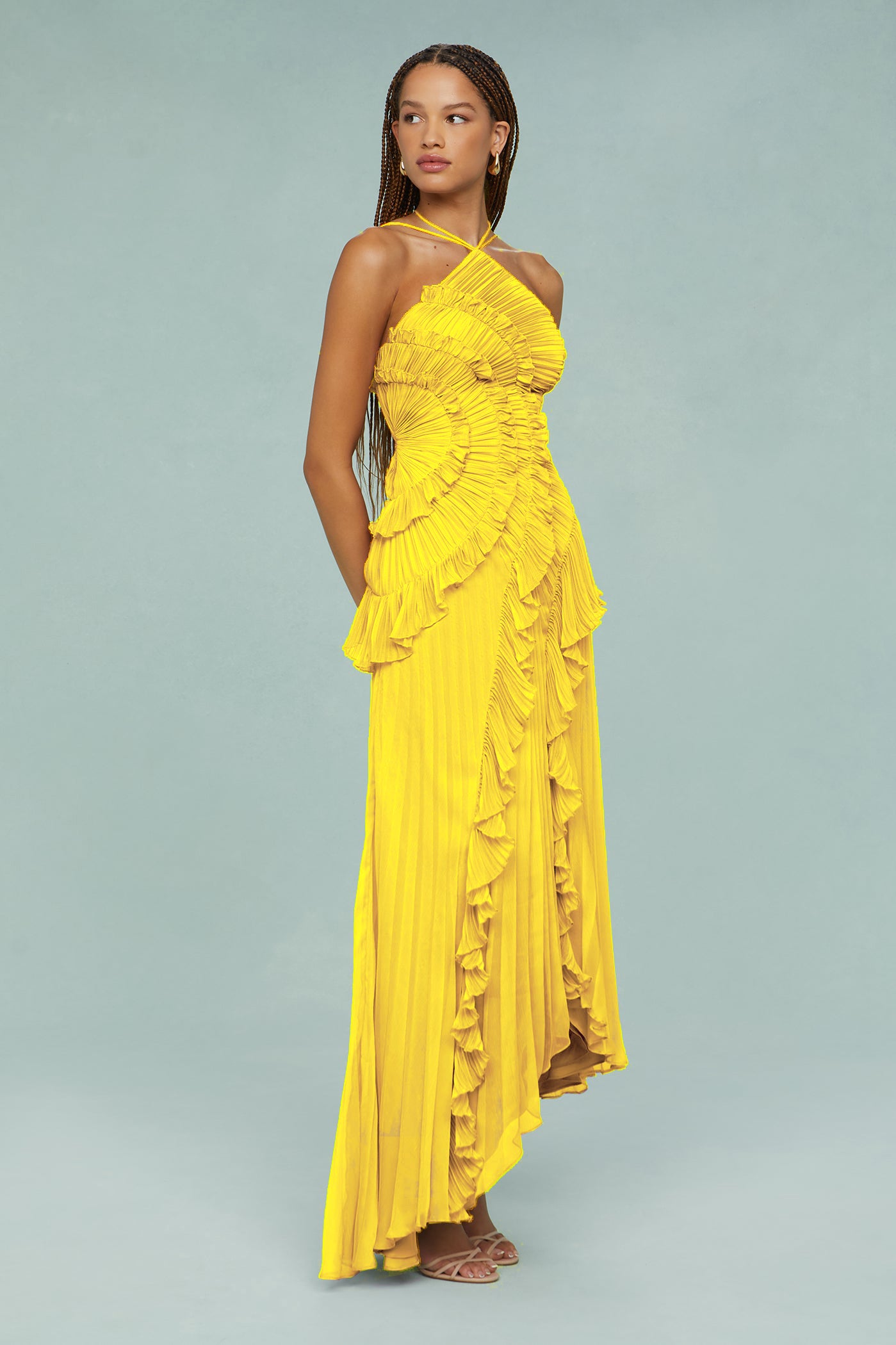Pleated Frill Halter Neck Midi Dress