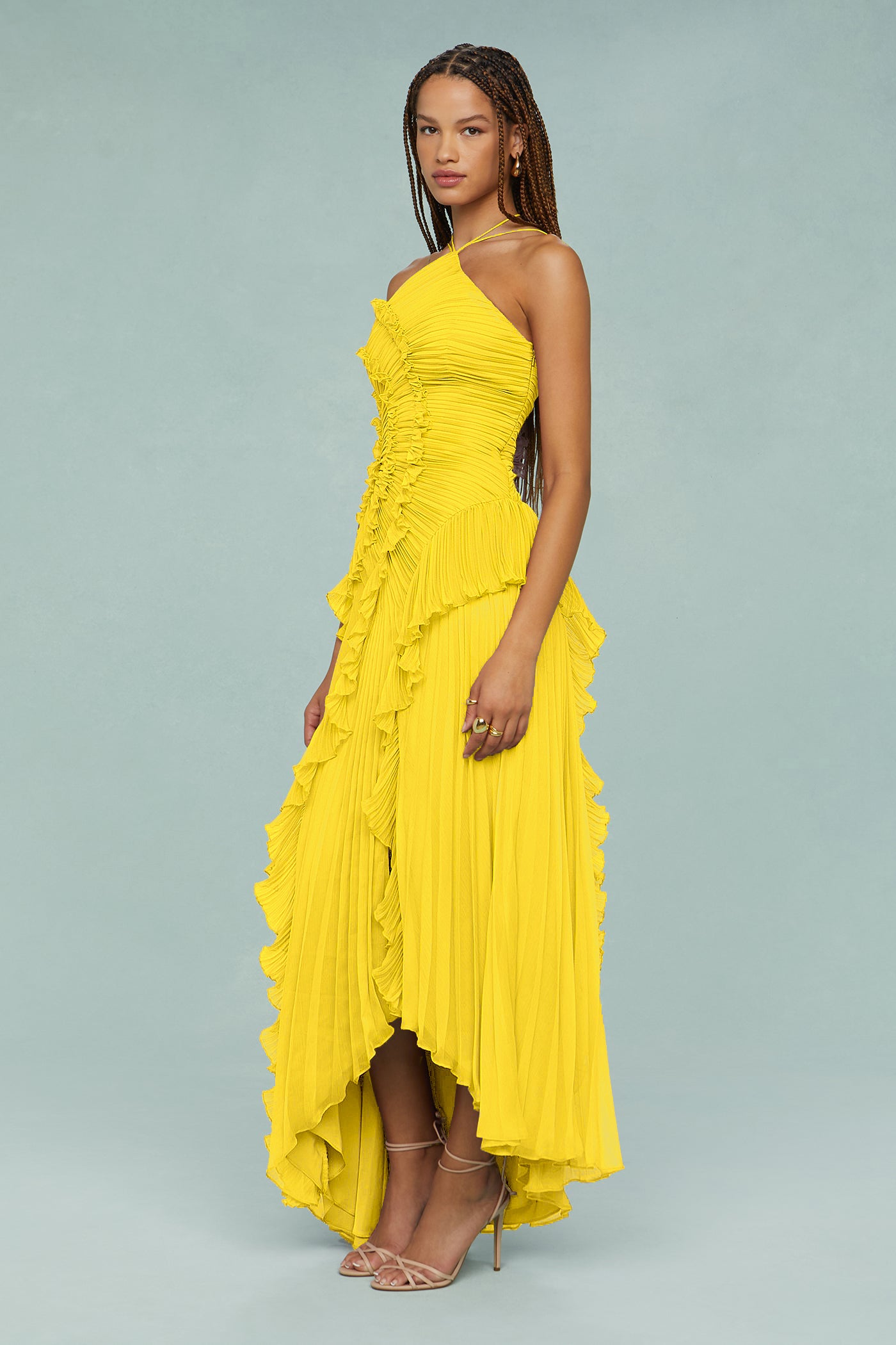 Pleated Frill Halter Neck Midi Dress