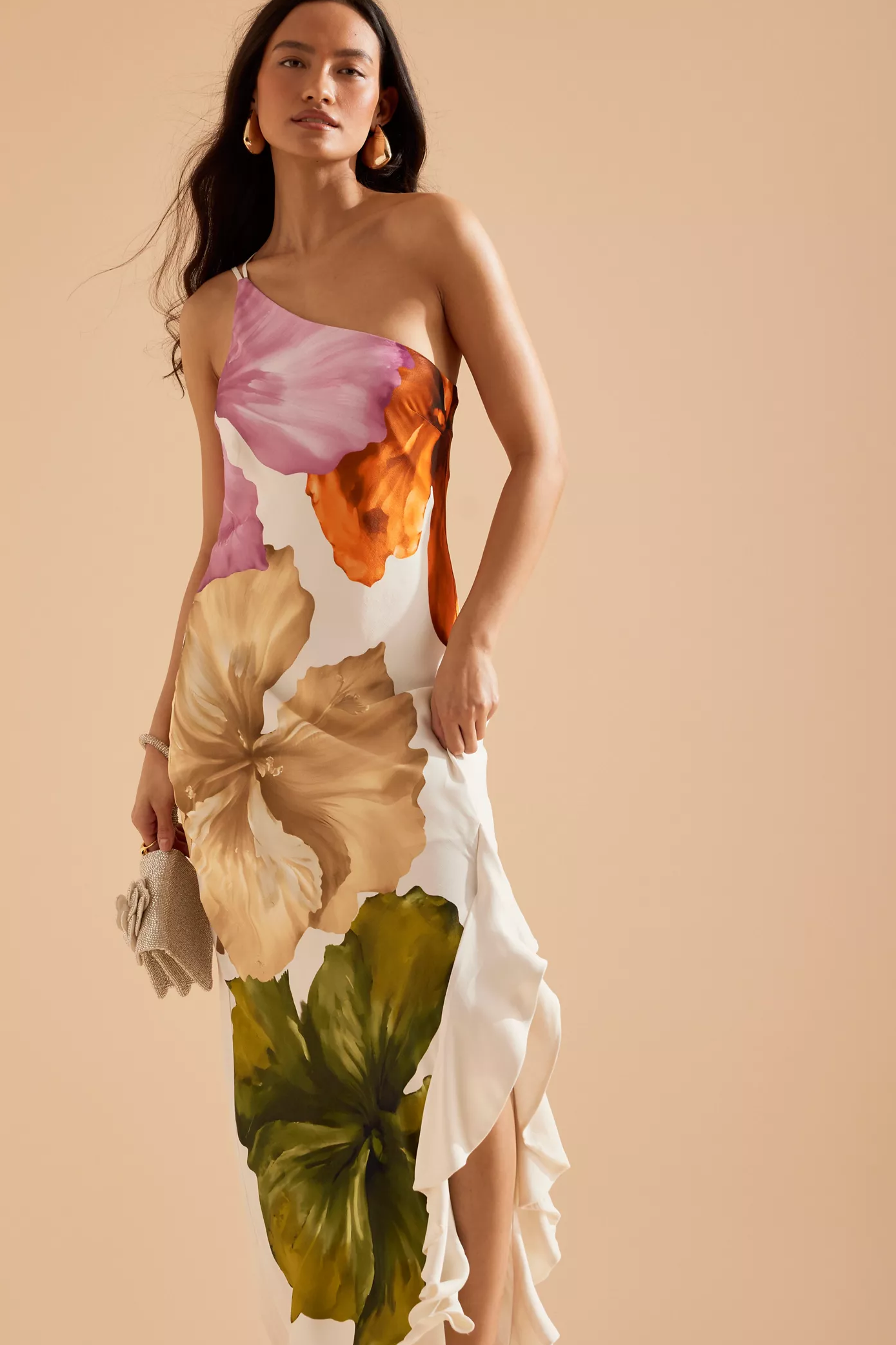 Floral Ruffle One-Shoulder Midi Dress