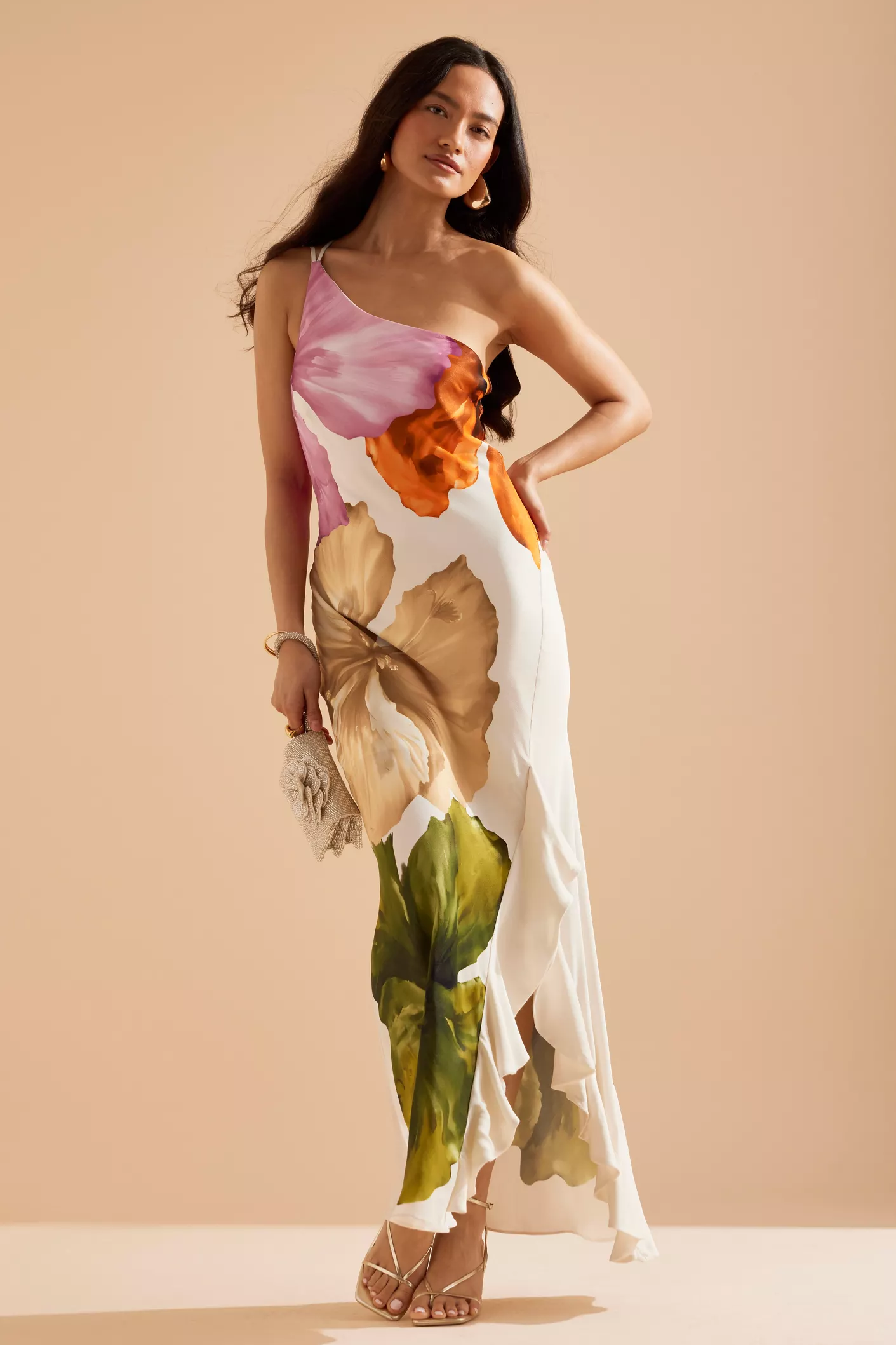 Floral Ruffle One-Shoulder Midi Dress