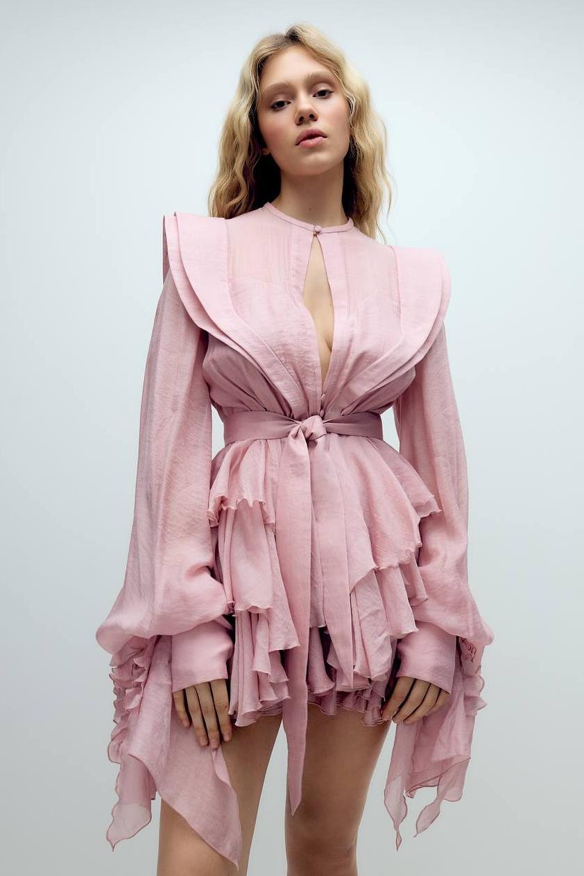 Solid Ruffle Lantern Sleeve Mini Dress With Belt