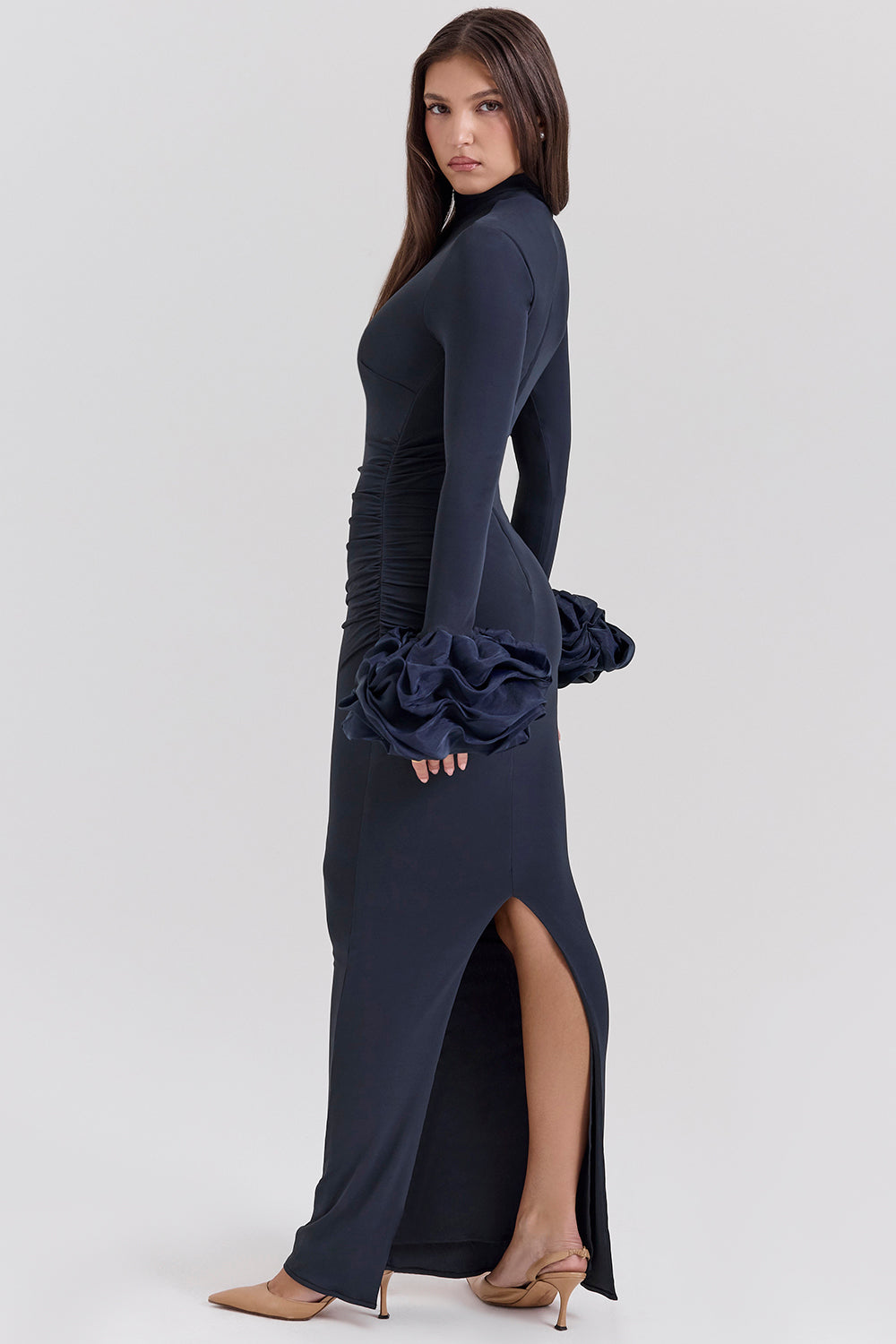 Jersey Puff Sleeve Ruched Maxi Dress