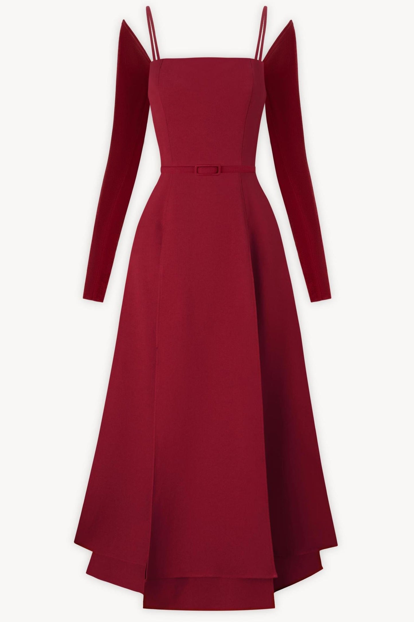 Solid Jersey Square Collar Slit Midi Dress With Belt