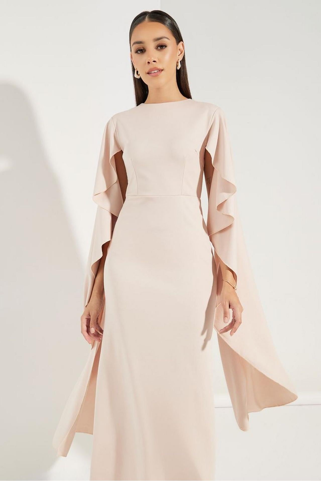 Solid Round Neck Cape Sleeve Midi Dress