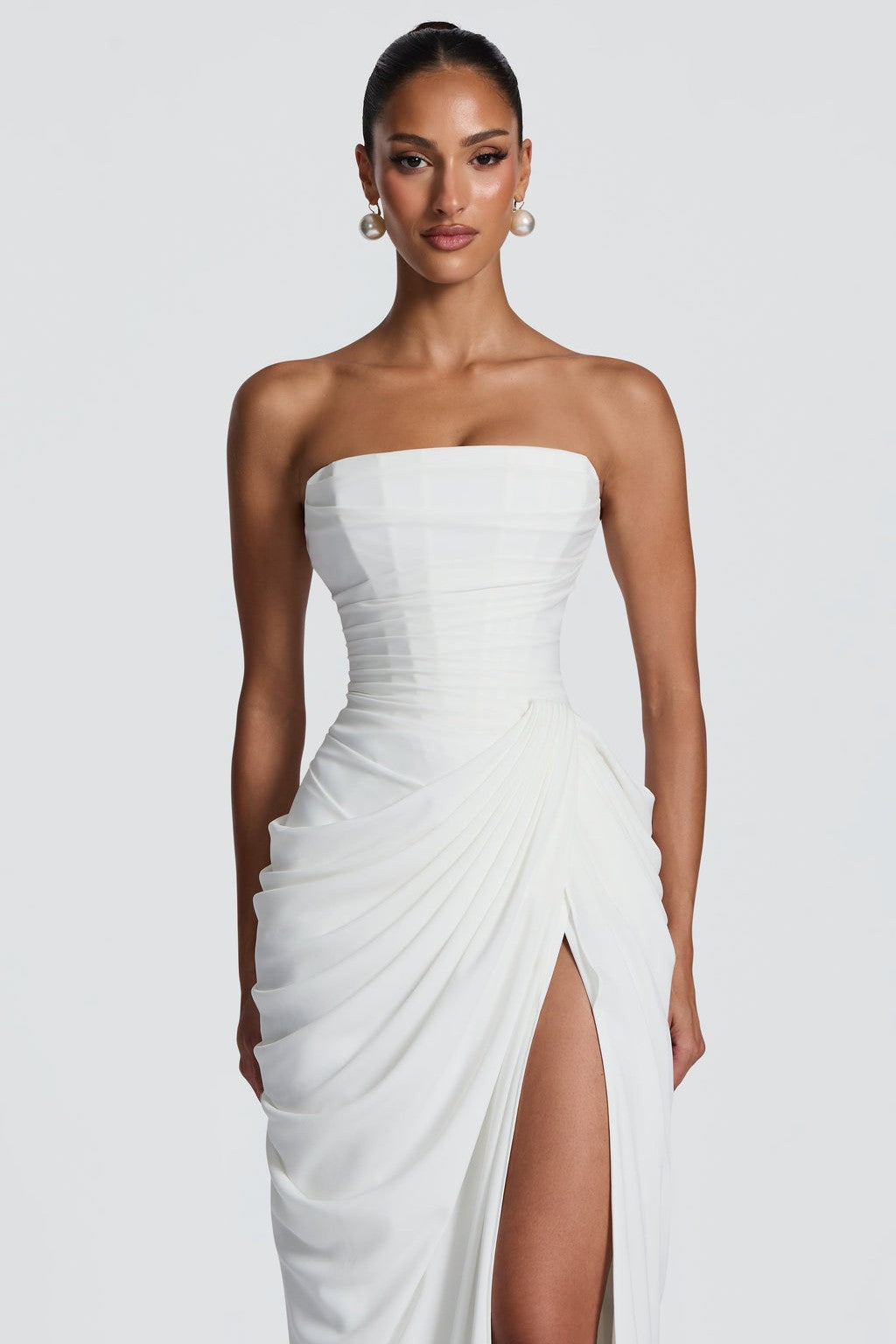 Chiffon Ruched Strapless Slit Midi Dress