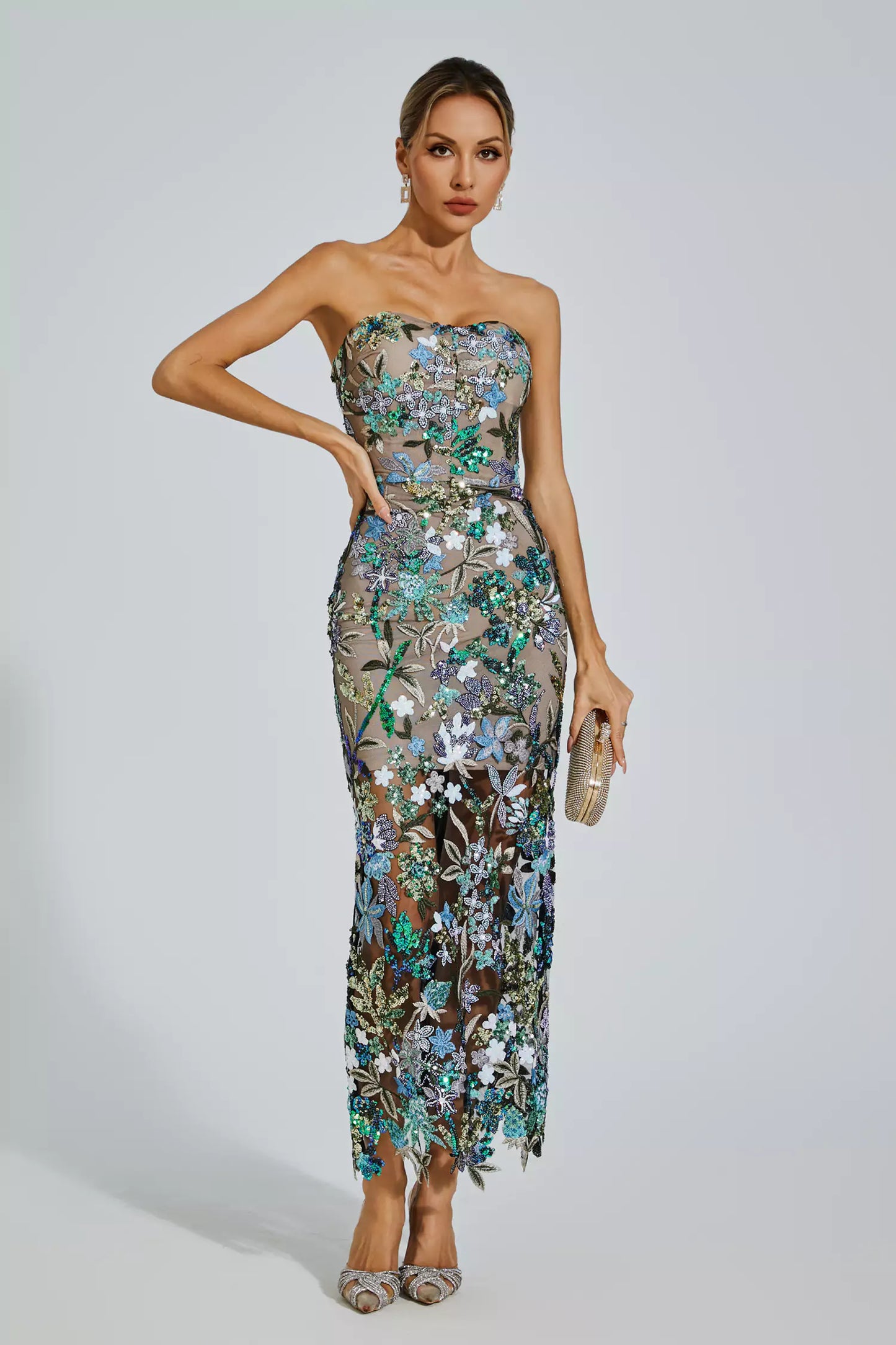 Leanna Blue Flower Embroidered Maxi Dress
