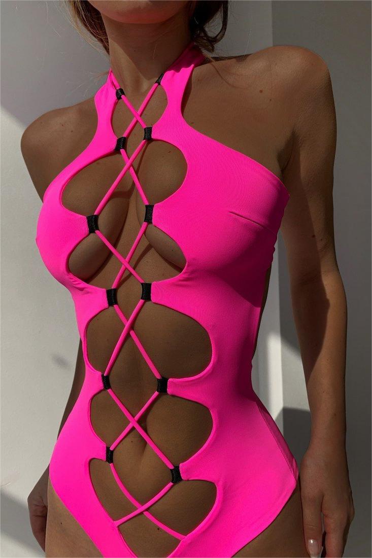 Lace Up Cut-Out One Piece Swimsuit
