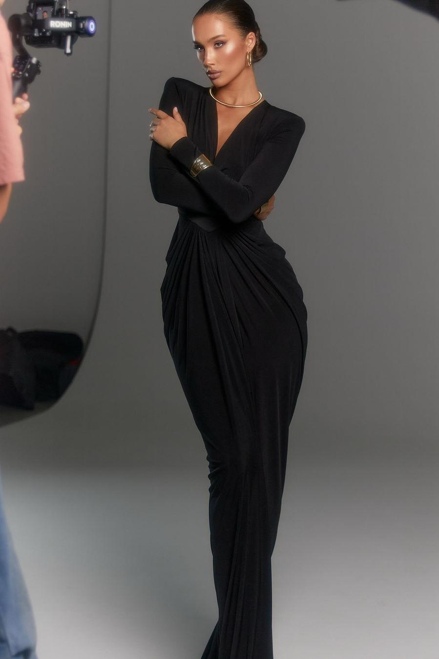 Solid V-Neck Long Sleeve Split Maxi Dress