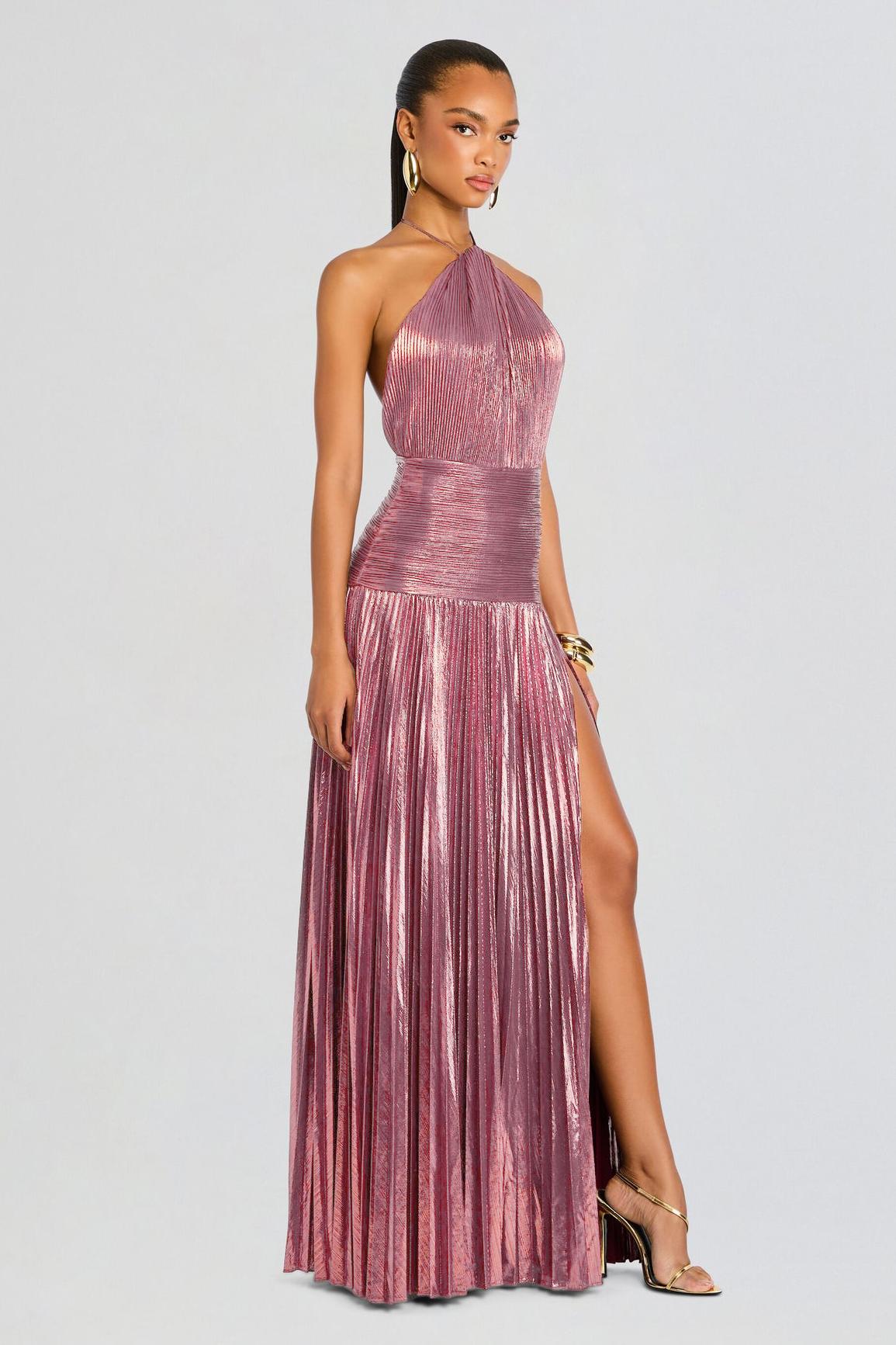 Metallic Fabric Pleated Halter Neck Maxi Dress