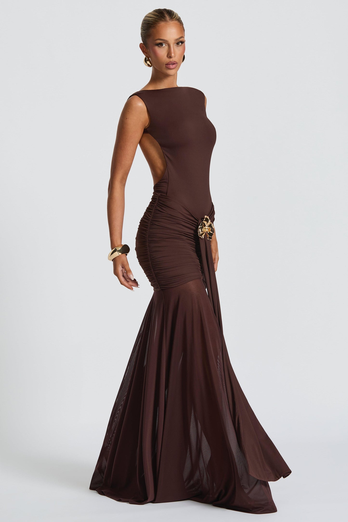 Mesh Gathering Backless Maxi Dress