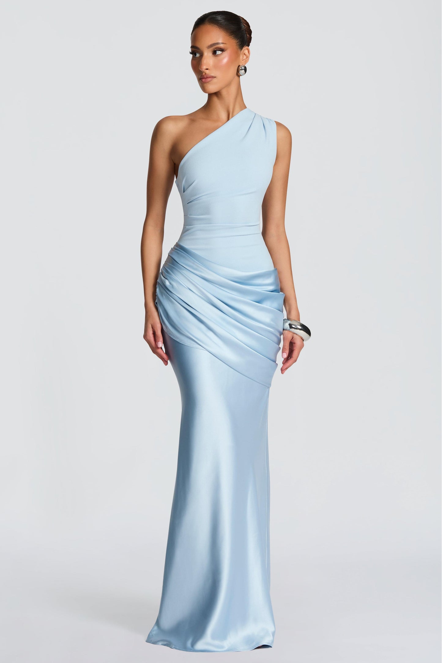 Satin Sleeveless One-Shoulder Maxi Dress