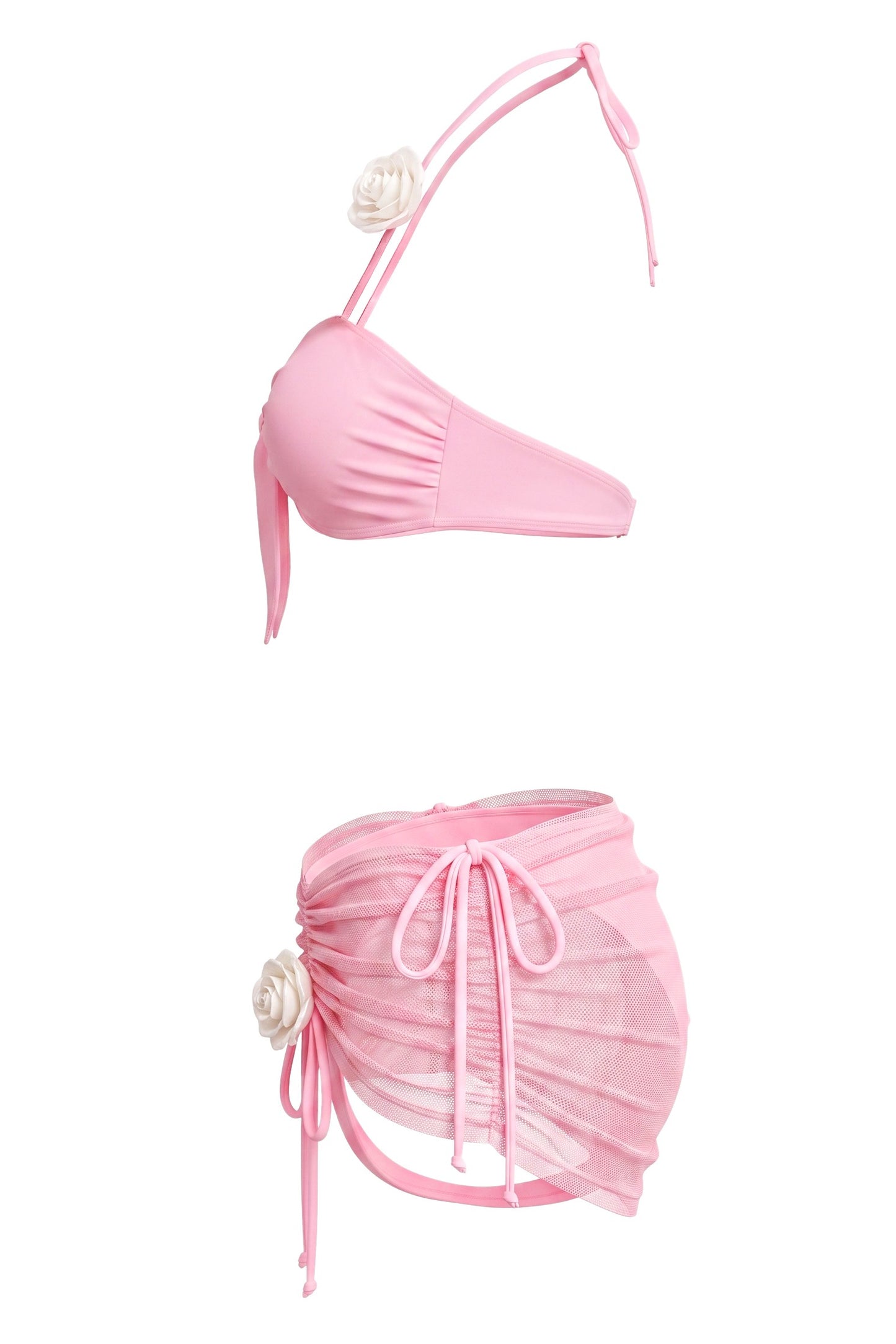 3D Flower Tie-Up Shirring Bikini Three Piece Set