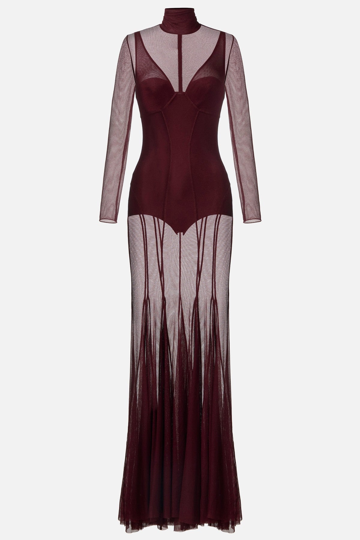 Mesh Bodysuit & See-Through Stand Collar Maxi Dress Two Piece Set
