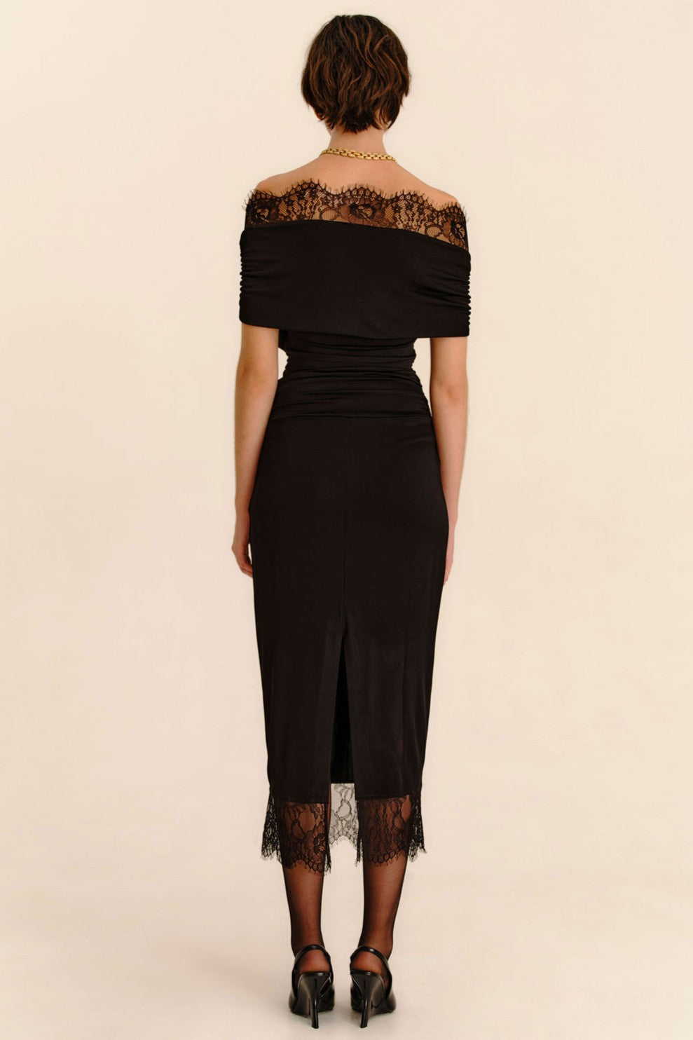Jersey Splicing Lace Off-Shoulder Midi Dress