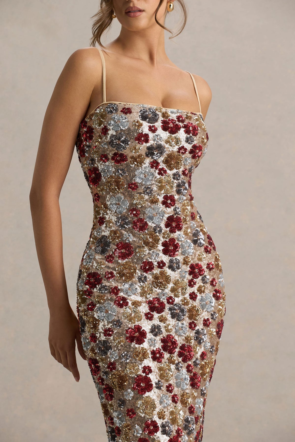 Sequin Floral Slip Midi Dress