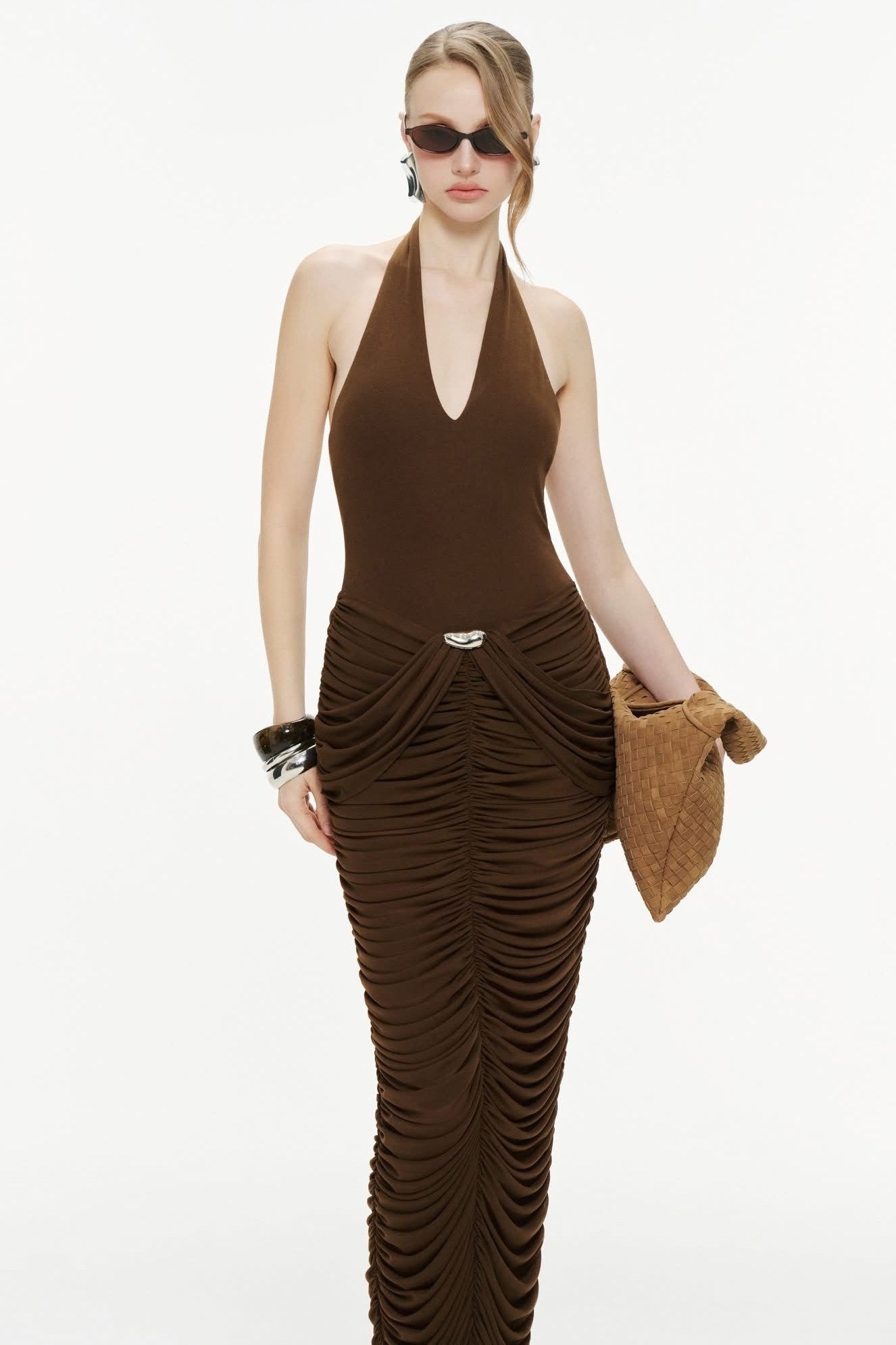 Jersey Splicing Mesh Halter Neck Maxi Dress