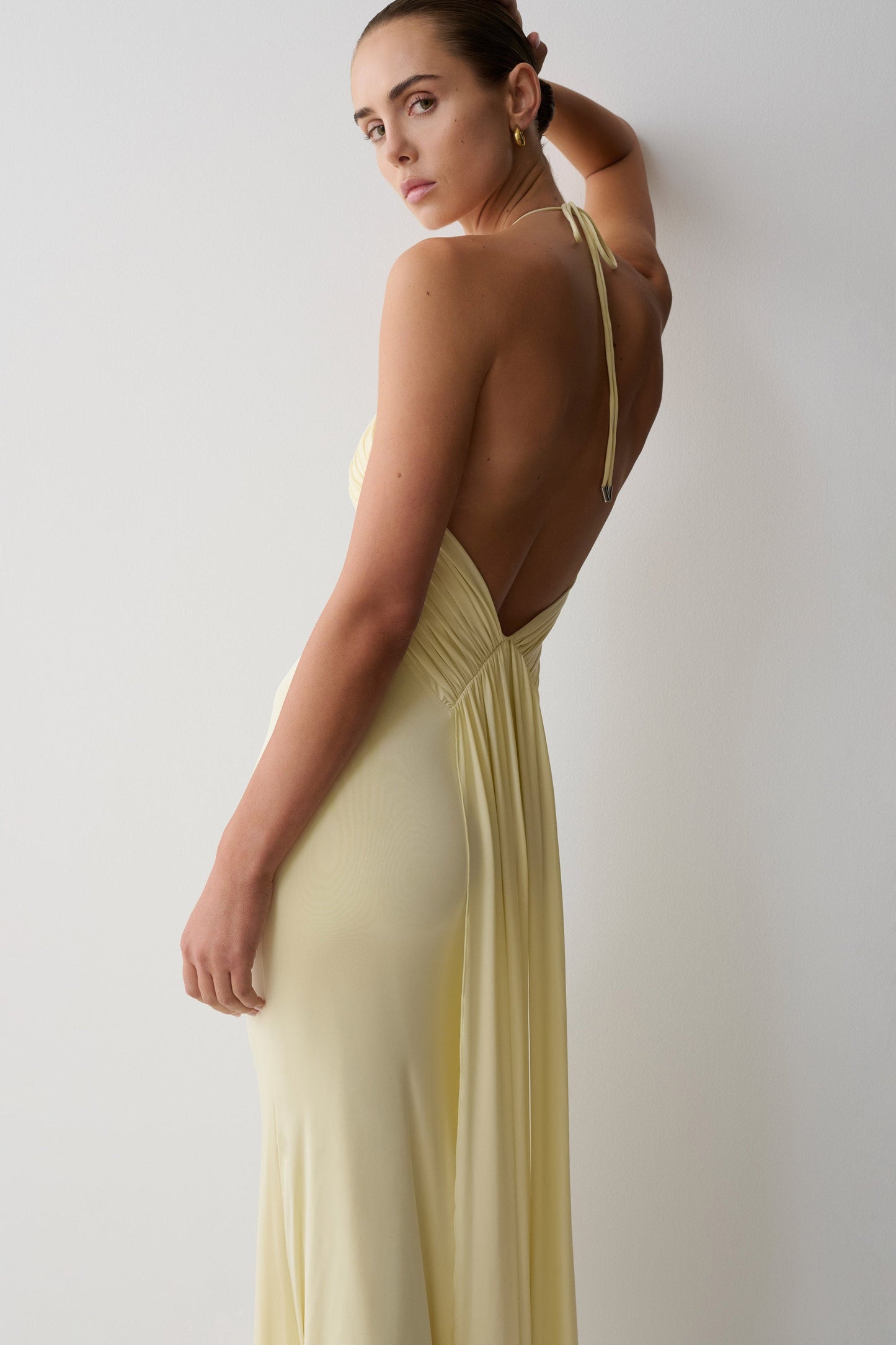 Jersey Ruched Halter Maxi Dress