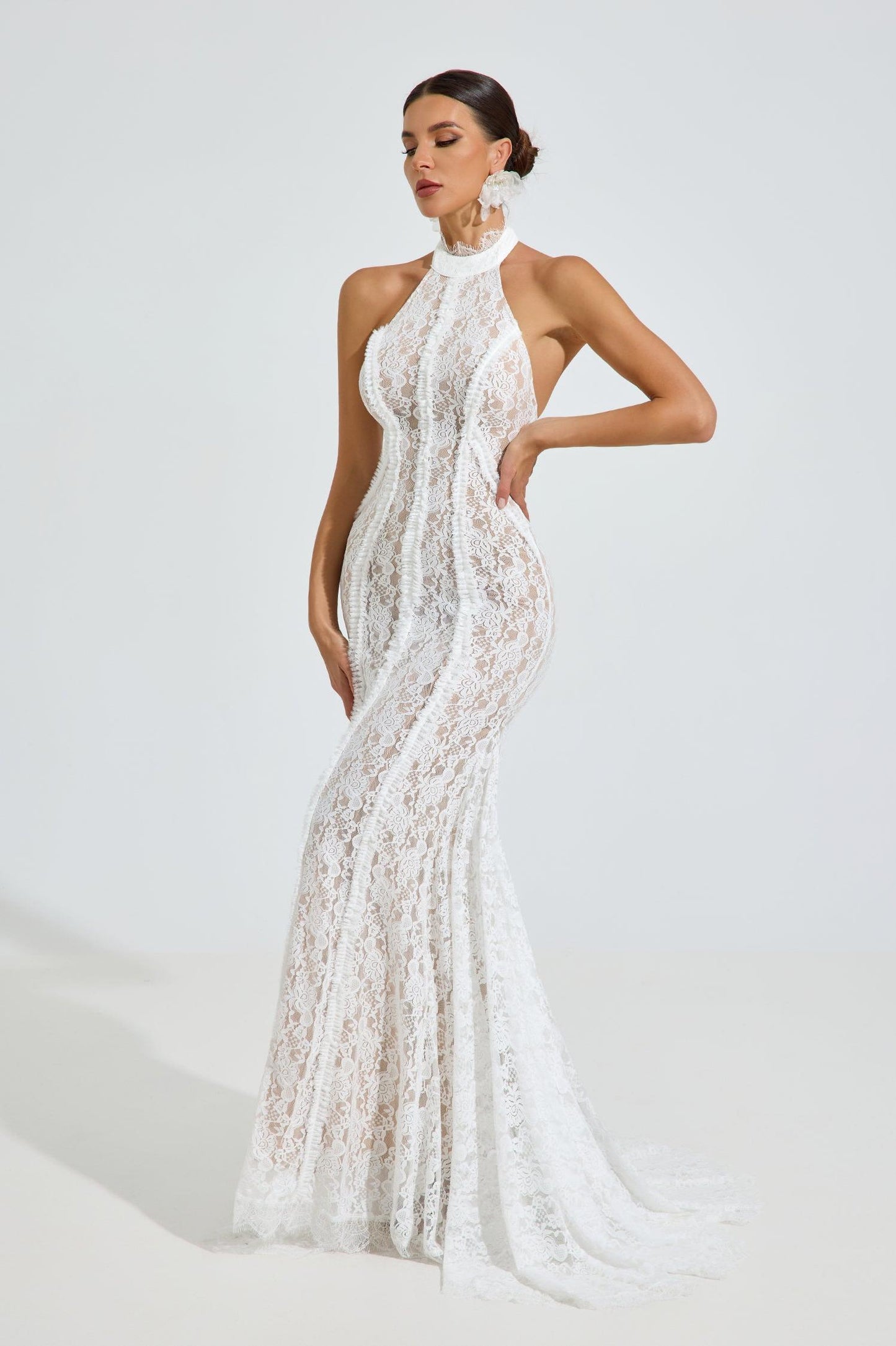 Lace Halter Neck Tie-Up Maxi Dress