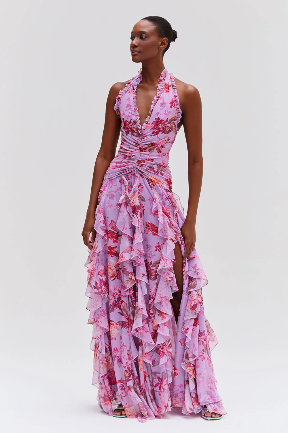 Floral Halter Neck Ruffle Maxi Dress