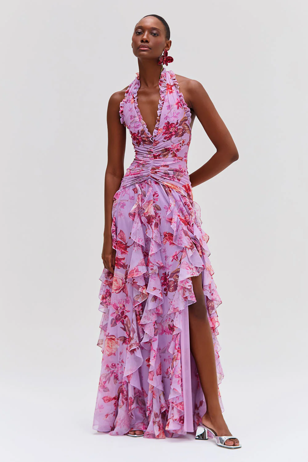Floral Halter Neck Ruffle Maxi Dress