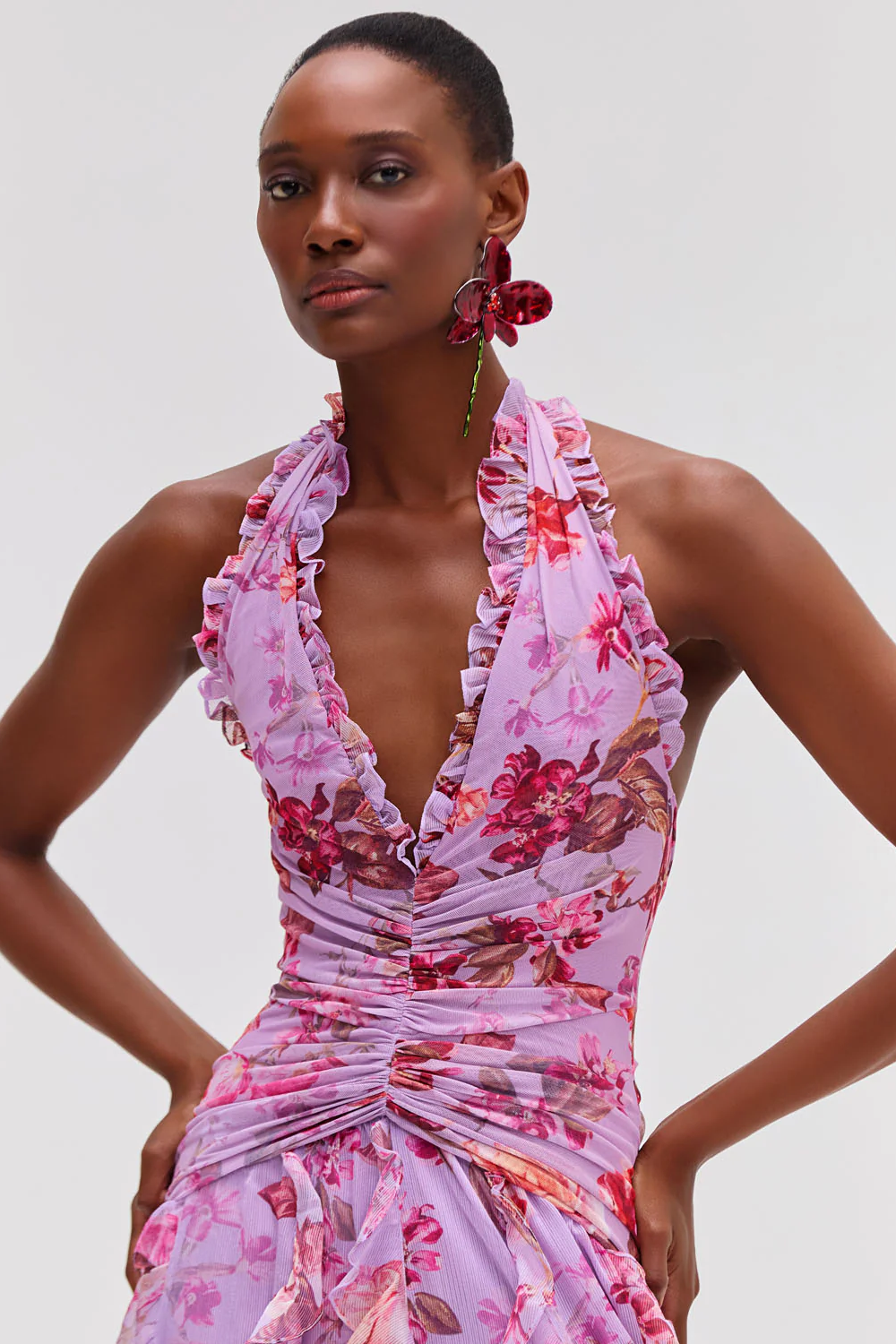 Floral Halter Neck Ruffle Maxi Dress