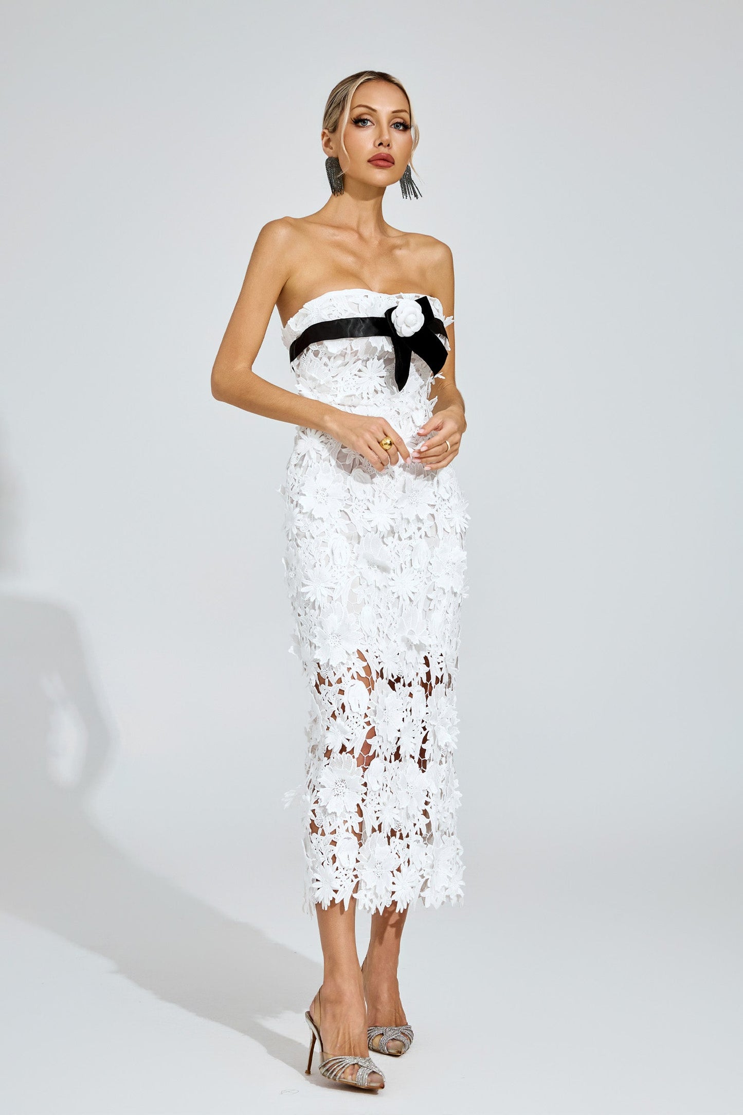 Raleign White Floral Lace Midi Dress