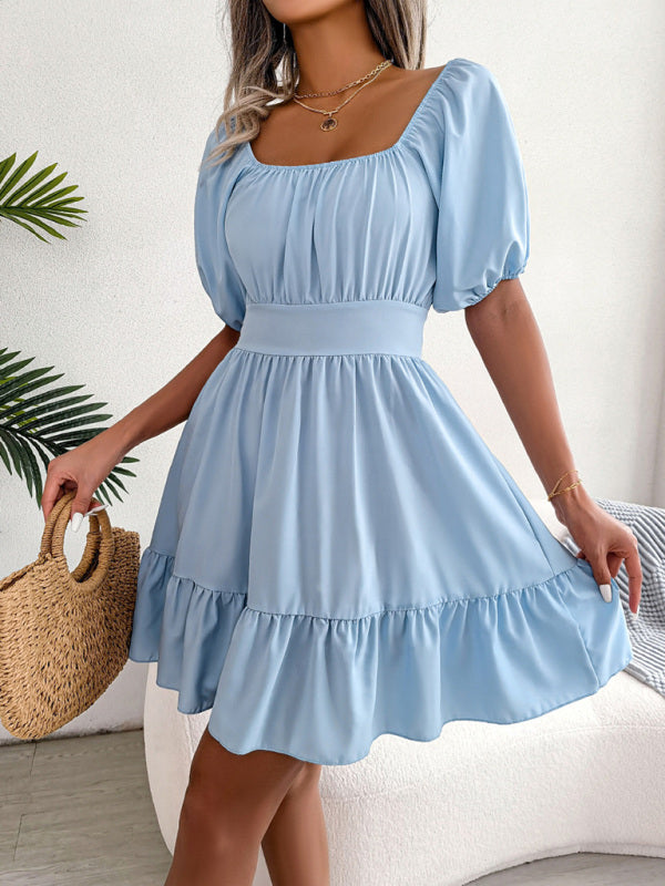 Women's Casual Square Neck Open Back Strap Ruffled Swing Dress