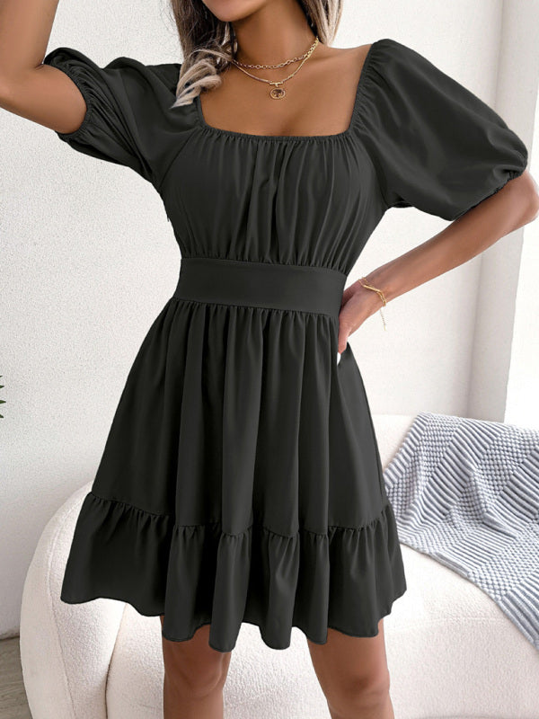 Women's Casual Square Neck Open Back Strap Ruffled Swing Dress