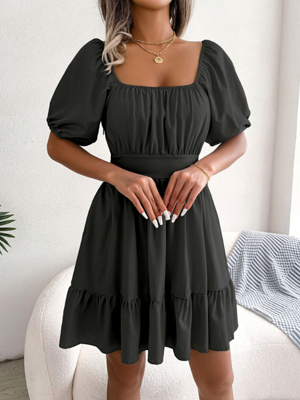 Women's Casual Square Neck Open Back Strap Ruffled Swing Dress