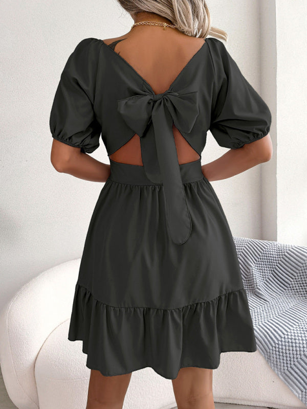 Women's Casual Square Neck Open Back Strap Ruffled Swing Dress