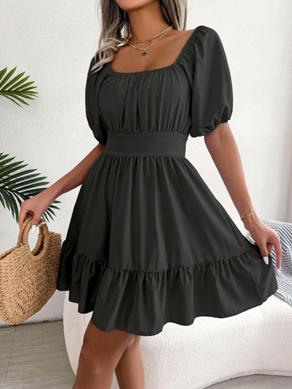 Women's Casual Square Neck Open Back Strap Ruffled Swing Dress