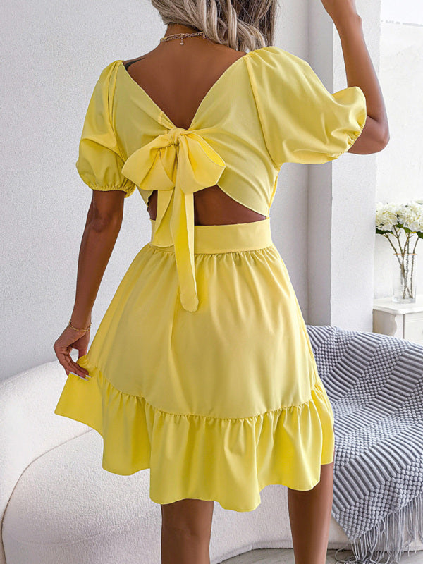 Women's Casual Square Neck Open Back Strap Ruffled Swing Dress