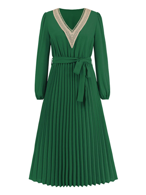 V-neck lace pleated dress mid-length A-line skirt