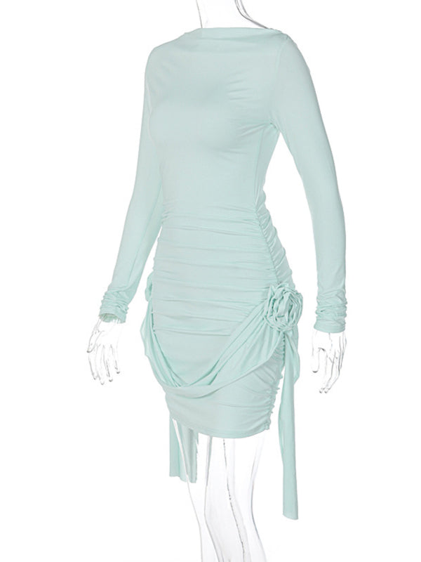 New solid color long-sleeved round neck slim fit patchwork ribbon flower versatile dress