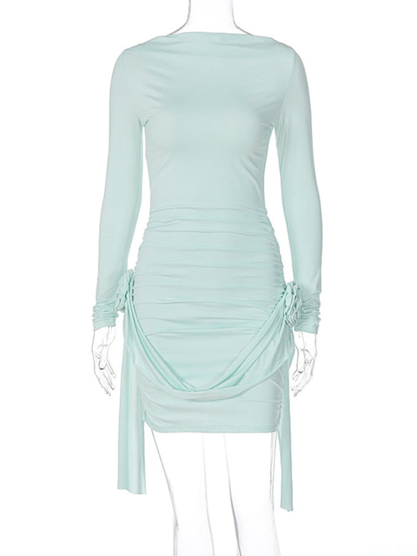 New solid color long-sleeved round neck slim fit patchwork ribbon flower versatile dress