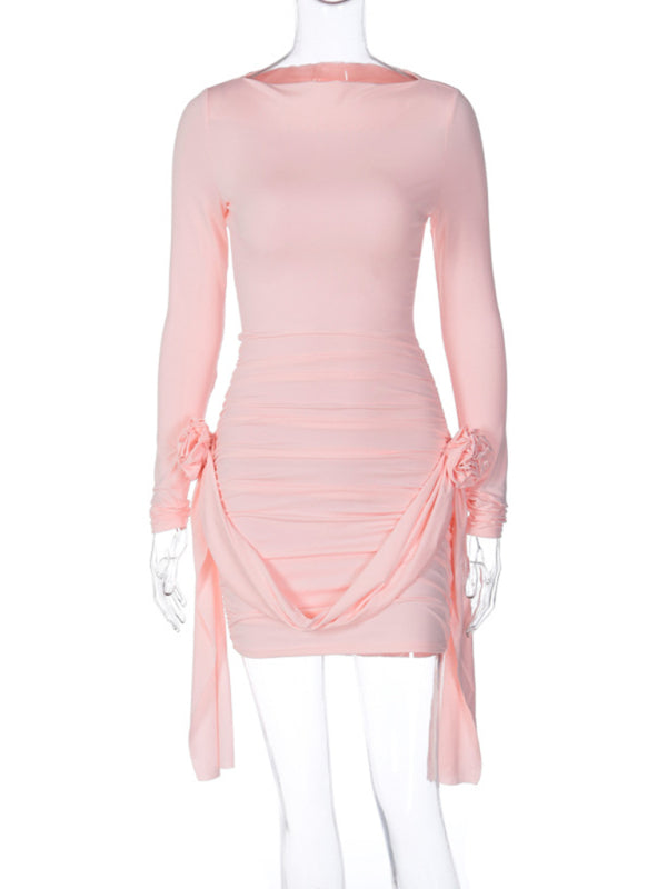 New solid color long-sleeved round neck slim fit patchwork ribbon flower versatile dress