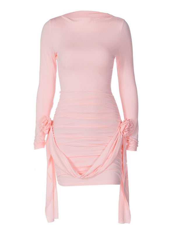 New solid color long-sleeved round neck slim fit patchwork ribbon flower versatile dress