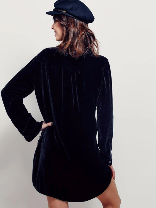 New solid color casual V-neck loose long-sleeved gold velvet shirt dress