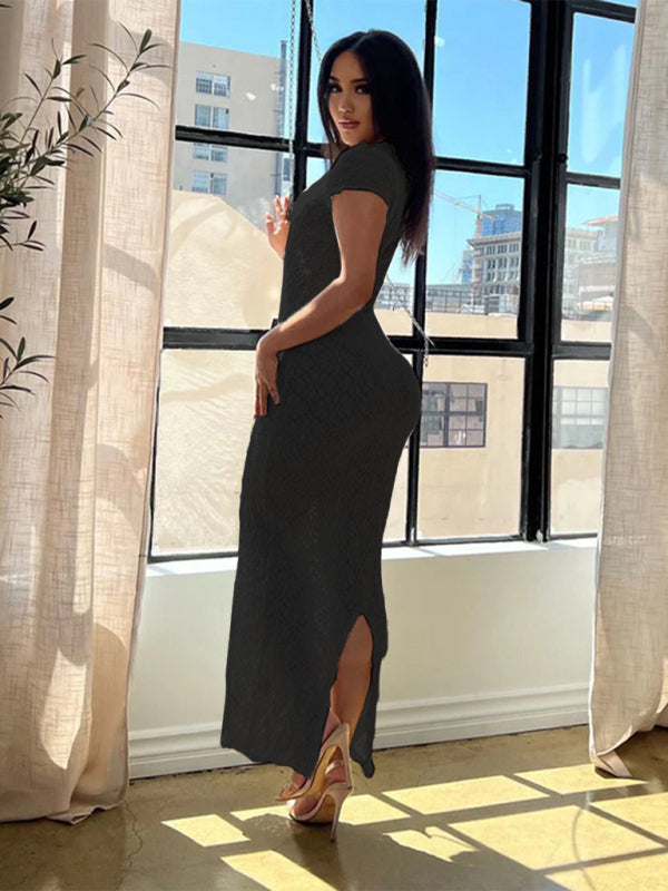 Women's new solid color casual short-sleeved round neck see-through slim long dress