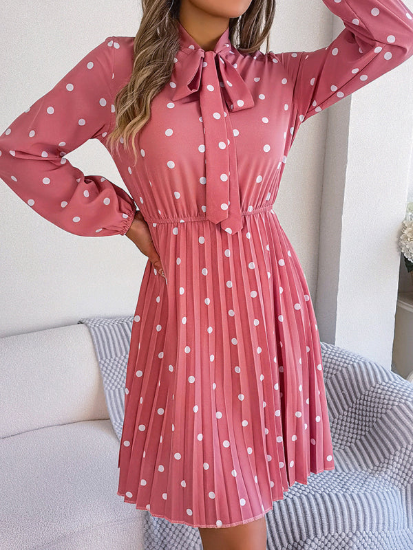 Women's elegant polka-dot lace-up waist long-sleeved pleated skirt