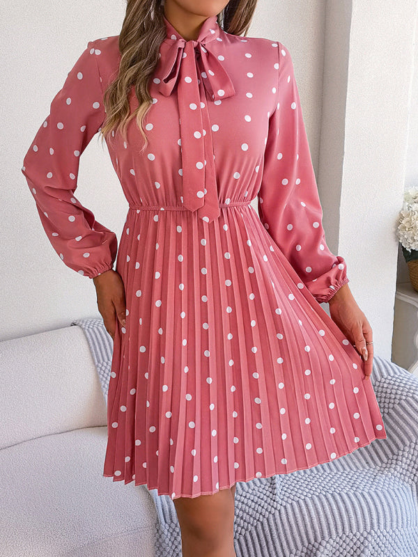 Women's elegant polka-dot lace-up waist long-sleeved pleated skirt