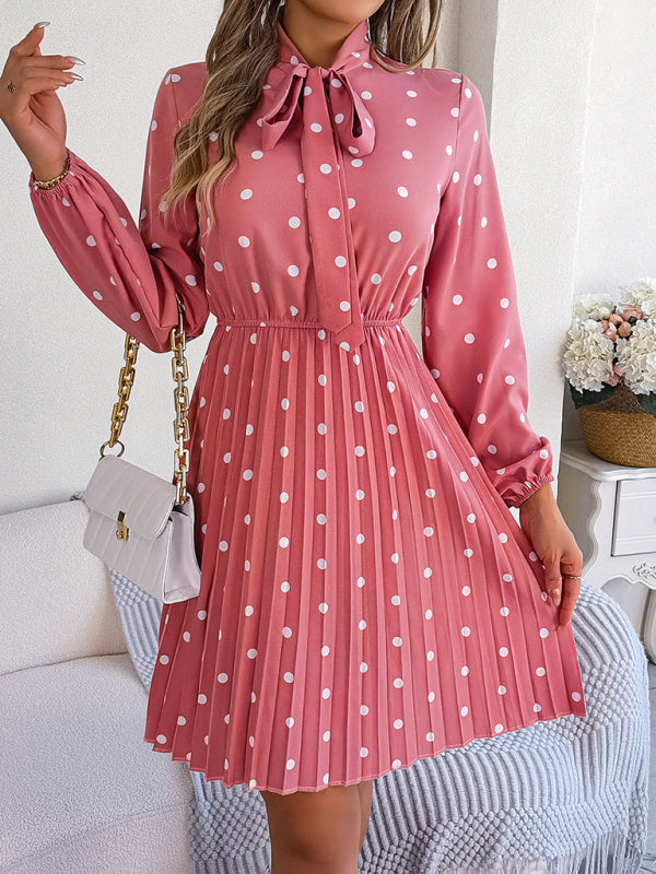 Women's elegant polka-dot lace-up waist long-sleeved pleated skirt