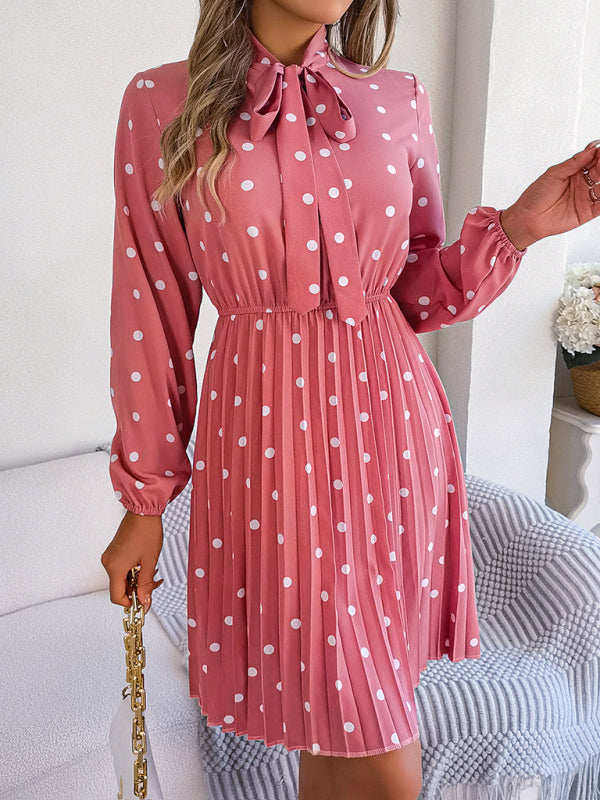 Women's elegant polka-dot lace-up waist long-sleeved pleated skirt