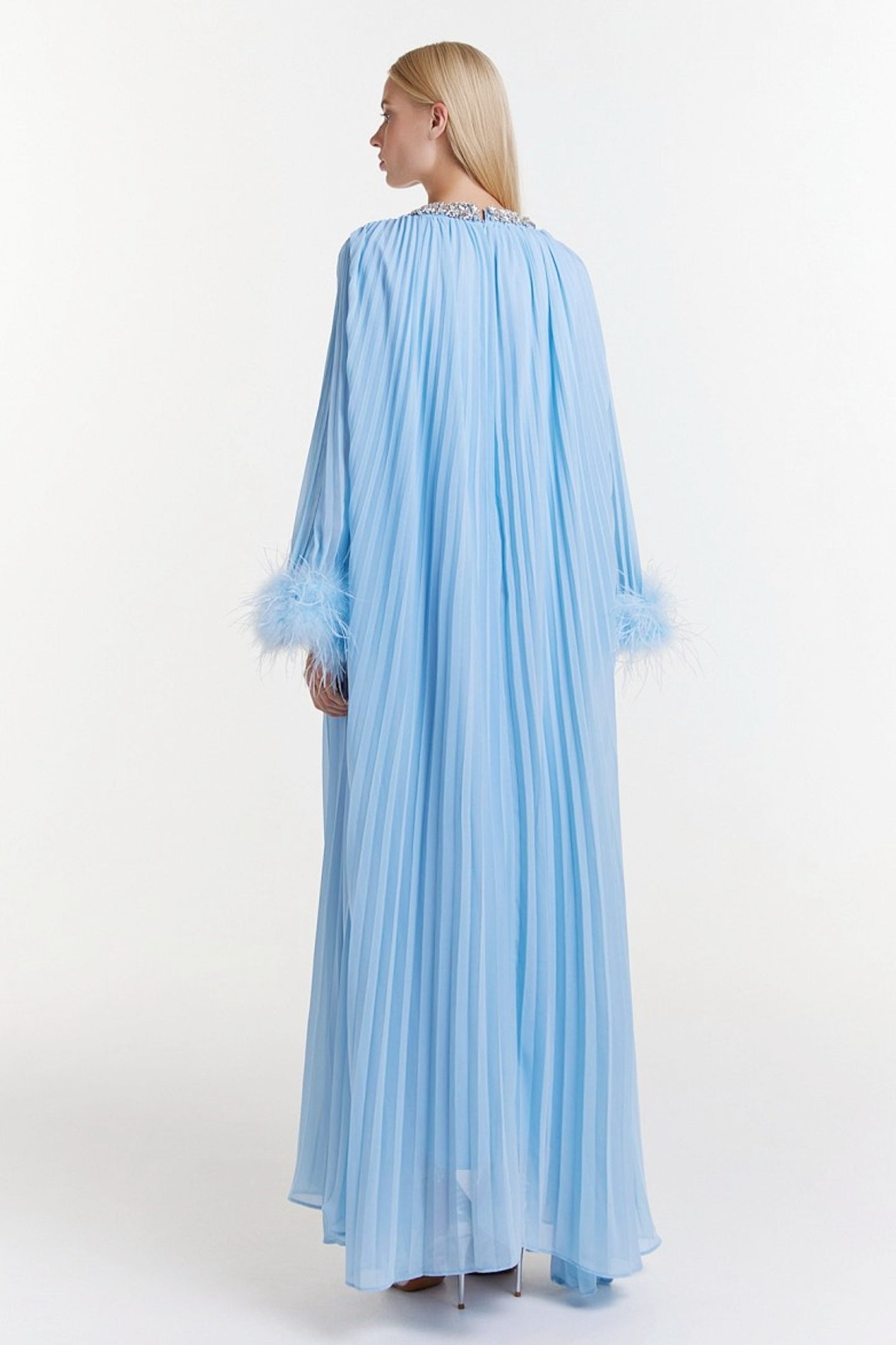 Yvonne Diamante Feathered Pleated Maxi Chiffon Dress