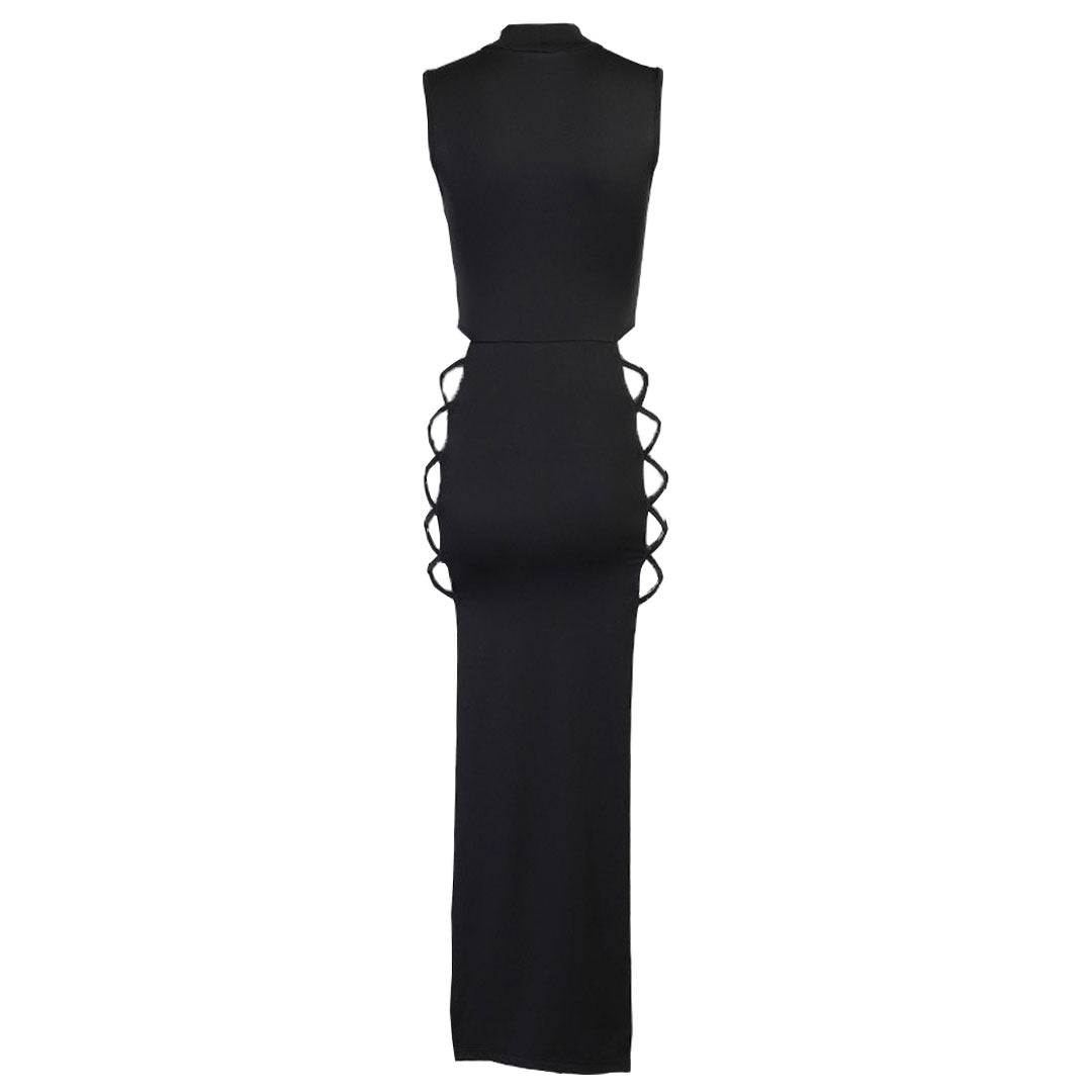 Sexy High Neck Sleeveless High Slit Cut Out Maxi Dress - Black