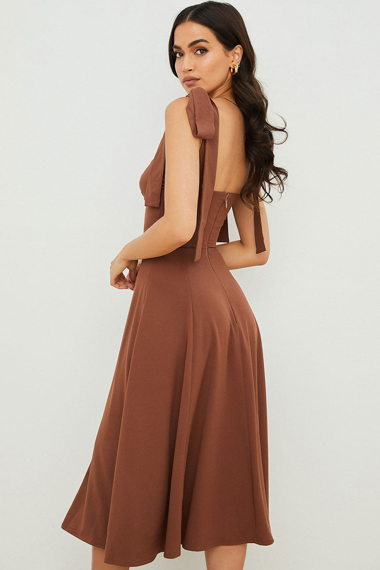 Tie Strap Fit & Flare High Slit Slip Midi Dress
