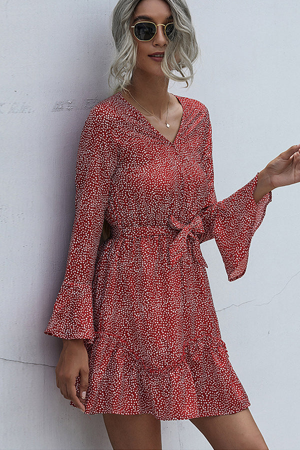 Polka Dot Print V Neck Tie Waist Casual Dress