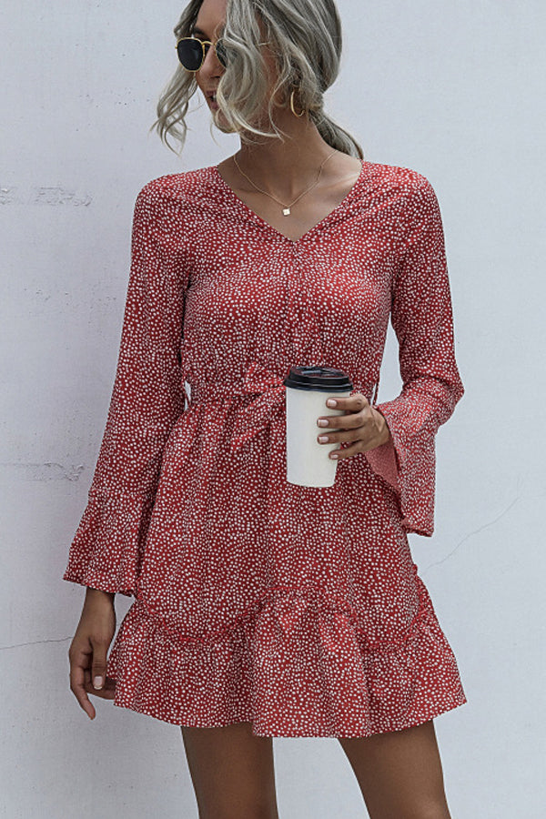 Polka Dot Print V Neck Tie Waist Casual Dress