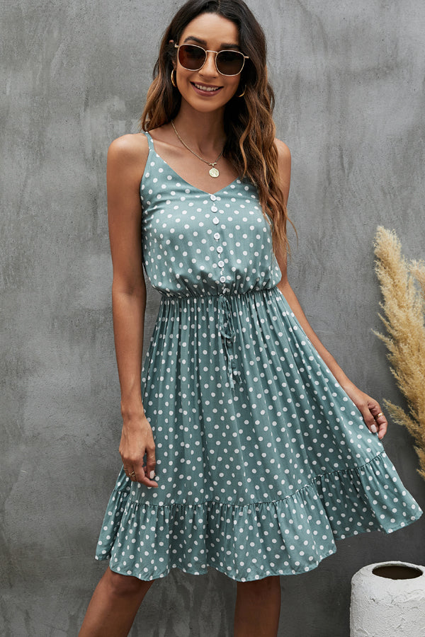 Dots Print V Neck Sleeveless Casual Dress