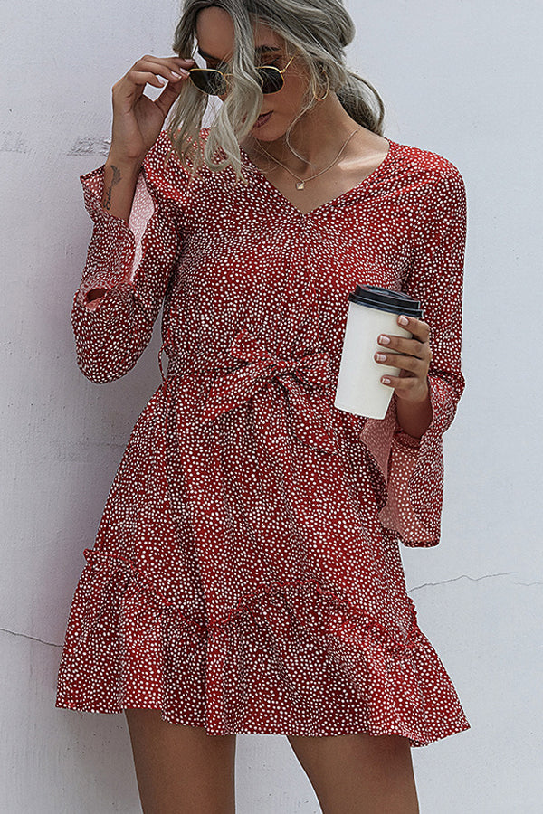 Polka Dot Print V Neck Tie Waist Casual Dress